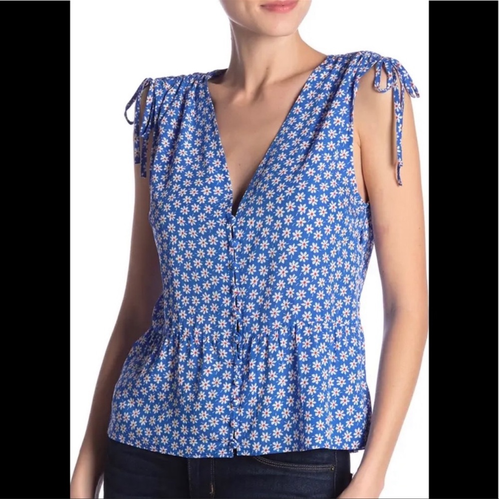 Madewell Daisy Blue Belle Button Front Cinched Shoulder V-Neck Tank - Size 2